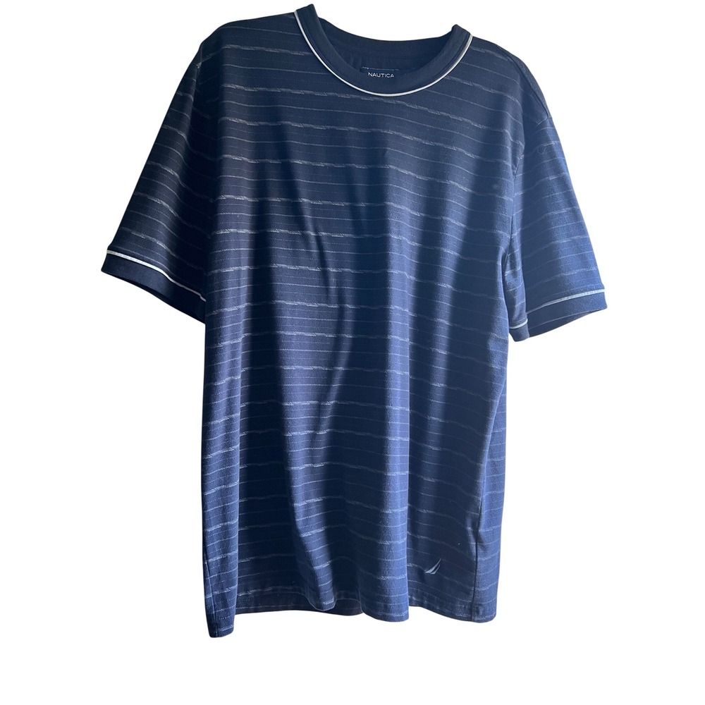 Nautica Mens XL Navy Blue Striped T-Shirt‎ Tipped Crewneck Short Sleeve Logo